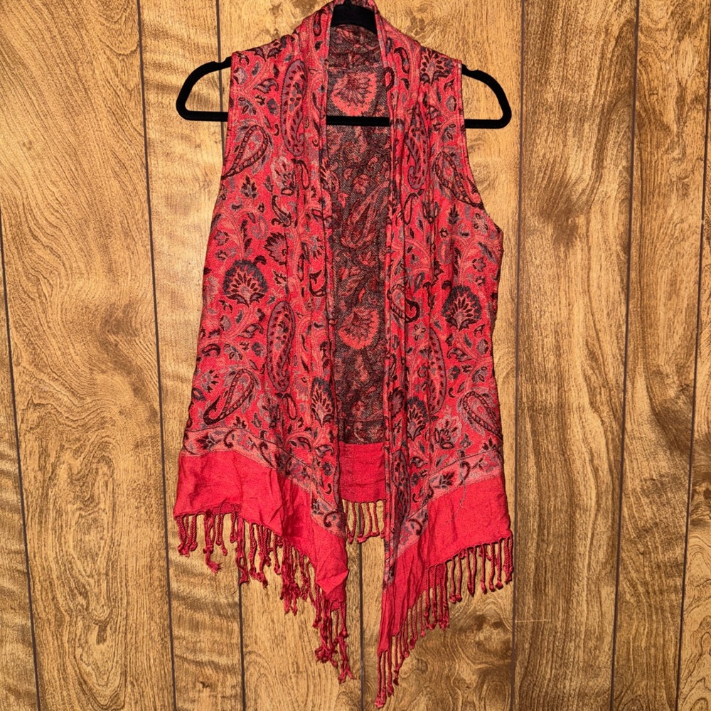 BOK Boho Red Paisley Fringed Vest Open Front Sleeveless Cardigan One Size Rayon